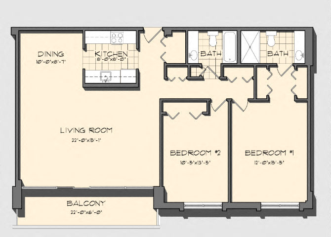 Floor plan for 2 beds, 2 baths, 1194 sqft